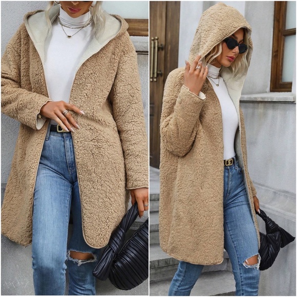 Cozy Teddy Open Front Hoodie Jacket Coat - Picture 4 of 4